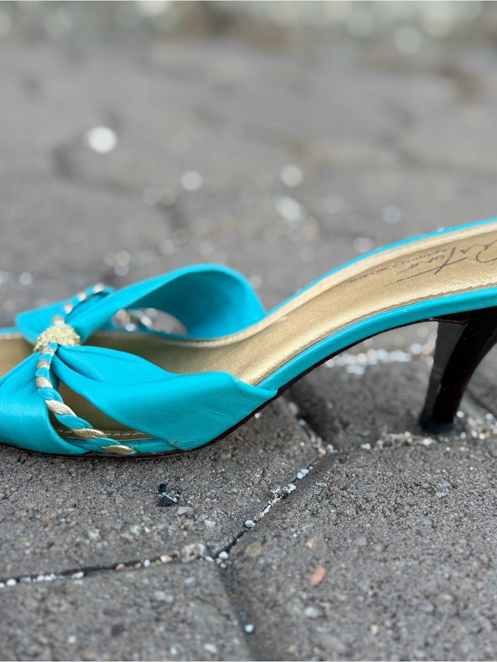 Arturo Chiang Turquoise Satin Kitten Heel Slides with Gold Accent